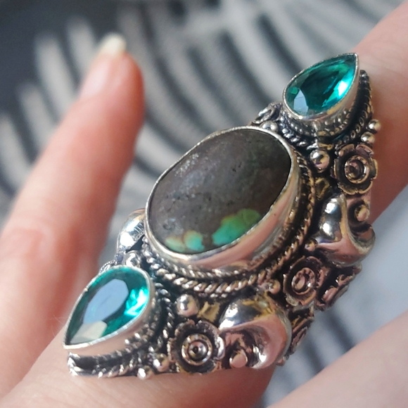New Turquoise & Diopside 925 Silver Crescent Moon Statement Ring. - Picture 3 of 12